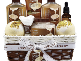 Bath and Body Gift Basket For Women and Men – 9 Piece Set of Vanilla Coconut Home Spa Set, Includes Fragrant Lotions, Extra Large Bath Bombs, Coconut Oil, Luxurious Bath Towel & More